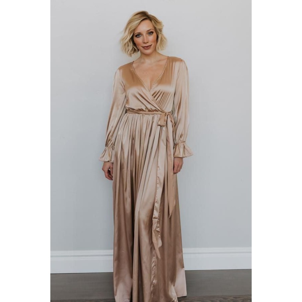 Baltic Born Katya Maxi Dress Women M Gold NWT Satin Ruffle Wrap Gown DD1175 - Picture 1 of 8